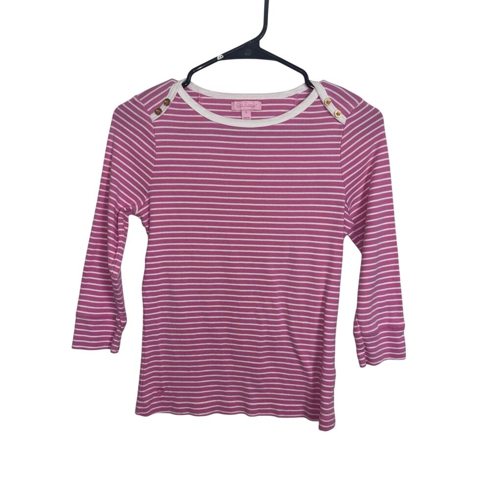 Lilly Pulitzer Pink White Striped 3/4 Sleeve Shoulder Button Top Small Nautical